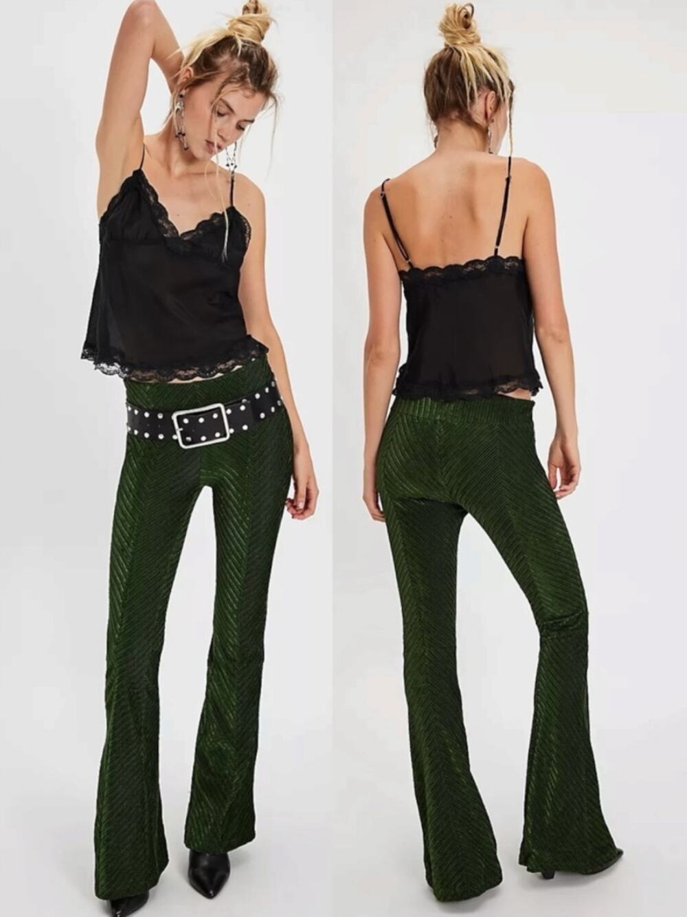 Free People Retro 70s Penny Pull-On Velvet Flare Pants Night Forest Green Medium